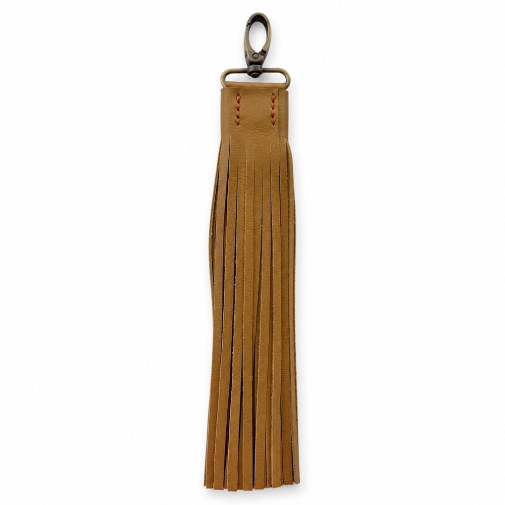 Handmade Camel Full Grain Leather Tassel Bag Charm Keychain Antiqued Brass 12” N